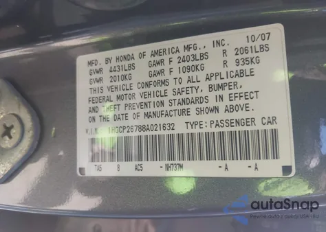 2008 Honda Accord 2.4 Ex из США, поврежденный, VIN 1HGCP26788A021632